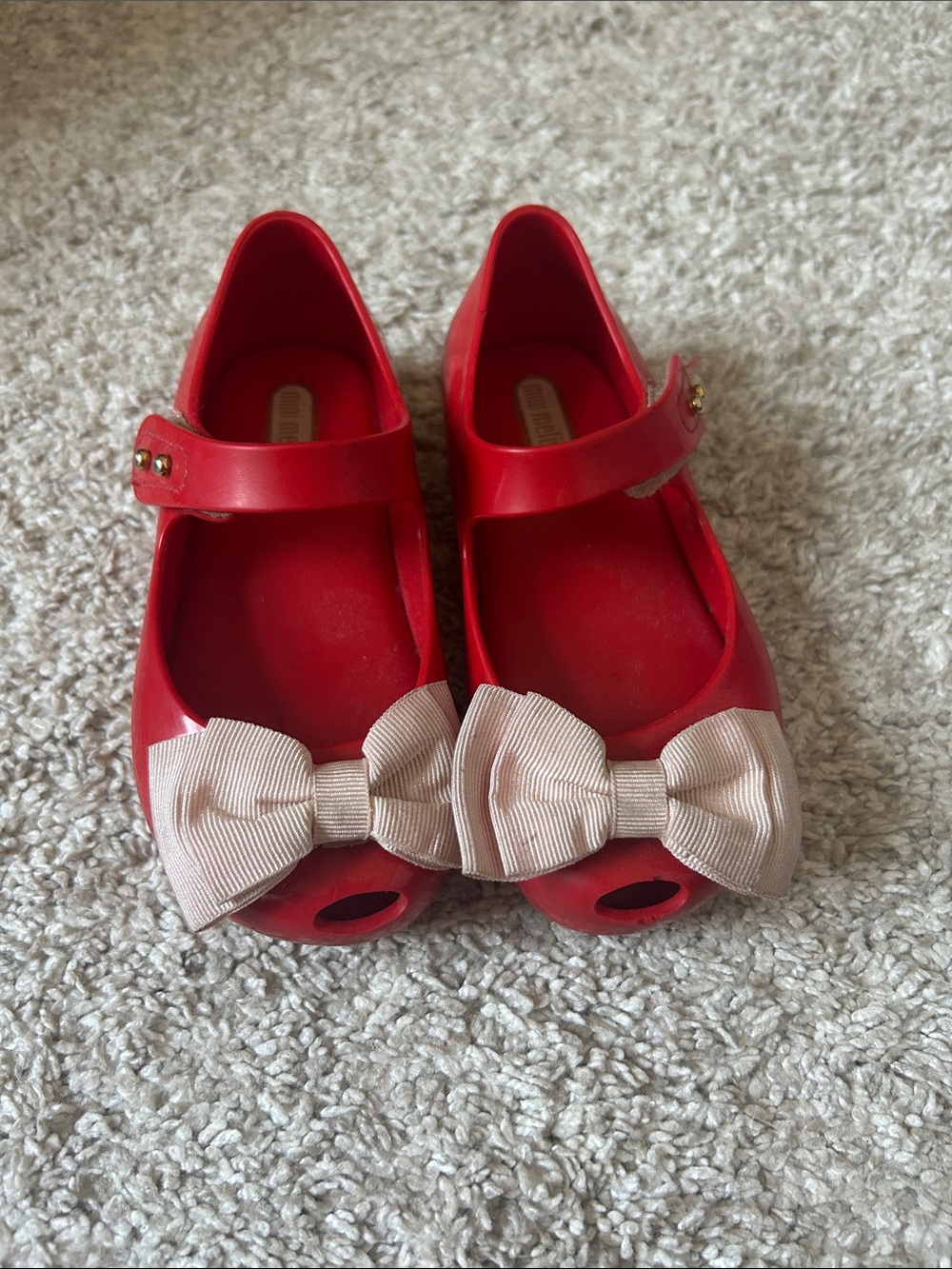 Mini Melissa Red Mary Jane Flats with Pale Pink Bows